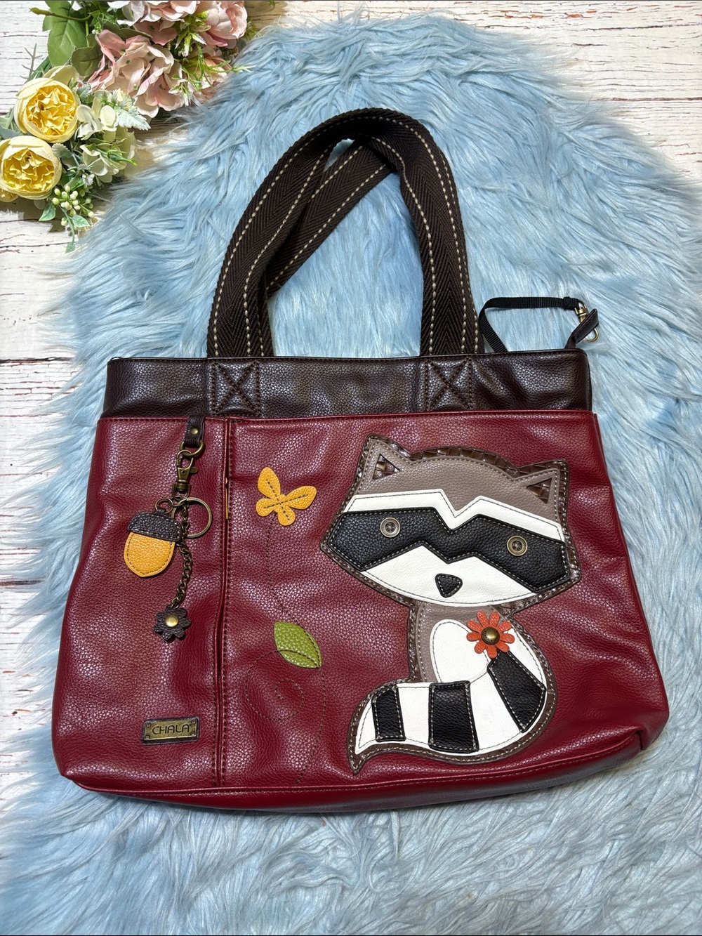 Chala Red Raccoon Appliqué Tote with Brown Accents Shoulder Bag